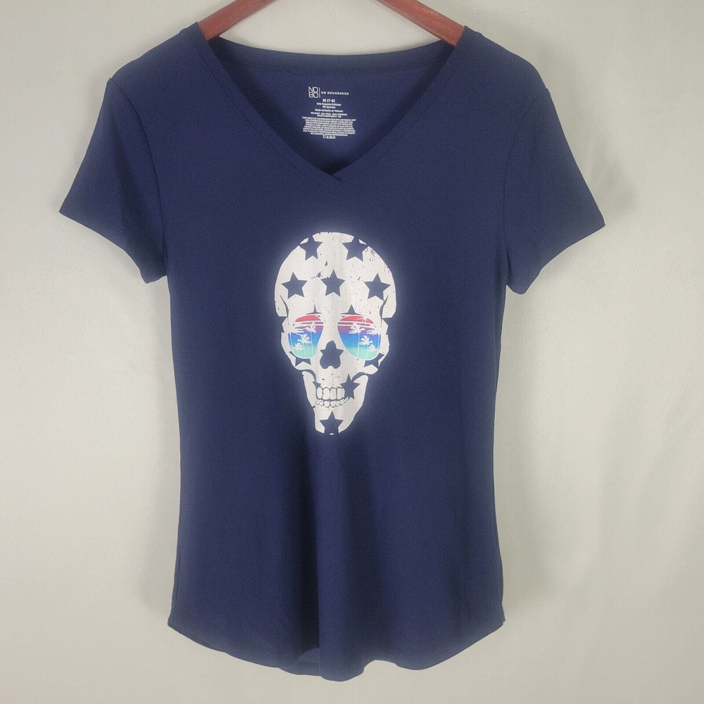 No Boundaries Juniors T‎ Shirt Medium Top Short Sleeve V Neck Skull Graphic Tee